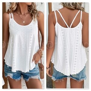 White Eyelet Loose Fit Tank Top Double Strap Round Boat Neck Stretchy